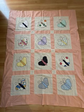 Antique Vintage Retro Hand Embroidered Appliqué Butterfly Quilt Top