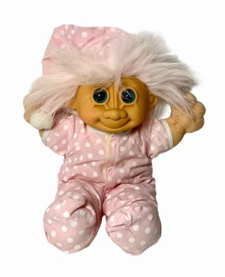 Vintage Russ Berrie Troll Doll Kidz,  Girl Pink Pajamas,  Blue Eyes,  12”