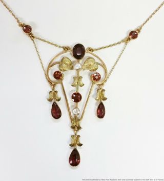 Antique Art Nouveau Gem Quality Garnet French Paste 14k Gold Lavalier Necklace
