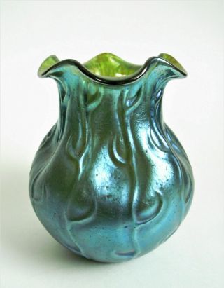 Loetz Neptun Silberiris 5 " Blue Green Iridescent Antique Bohemian Art Glass Vase