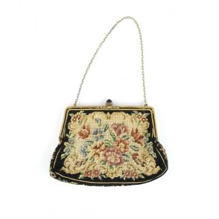 Vintage 1900s Edwardian Antique Floral Needlepoint Tapestry Small Wrist Purse