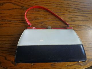 Vintage 1950s Red,  White,  Blue Leather Handbag Purse W/gold Frame.  Spectator Bag