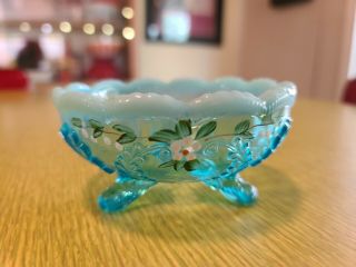 Vtg Antique Fenton Opalescent Aqua Blue Footed Trinket Dish Bowl Art Glass
