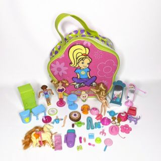 Polly Pocket Carrying Case 2003 Bag W/ Dolls Clothes And Accessories Furniture
