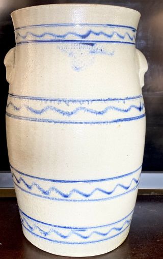 Rare Antique Whites Utica Stoneware Churn With Cobalt Blue Decoration
