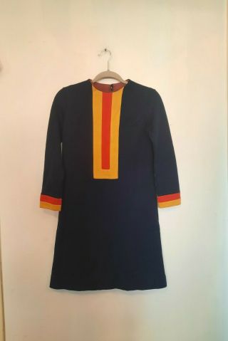 Vtg 60s Mod Dress Sz S Navy Color Block Wool Blend Long Sleeve