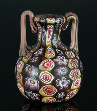 A Rare Antique Italian Fratelli Toso Murrine Cane Miniature Amphora Vase 1900
