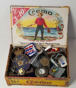Antique Wooden Cremo Cigar Box Full Of Vintage Collectibles & Smalls