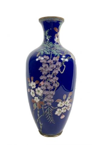 Large Royal Blue Antique Japanese Meiji Cloisonné Vases Wisteria