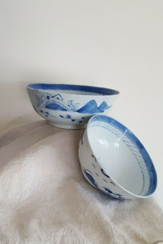 Antique Chinese Export Porcelain Blue And White Bowls 19th Century 7 " & 6 "