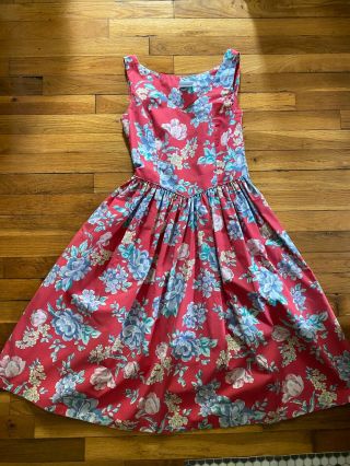 Vintage Laura Ashley Red Floral Print Cotton Dress Made In Great Britain