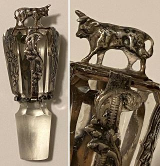 Antique Vintage Figural Sterling Silver Bull Glass Stopper For Bottle,  Decanter