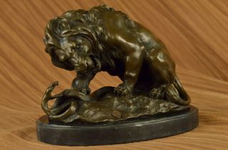 Bronze Lion And Snake Sculpture On A Solid Marble Base Art Ornament Barye Figure