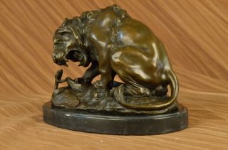 Bronze Lion and Snake Sculpture on a solid marble base Art Ornament BARYE Figure 2