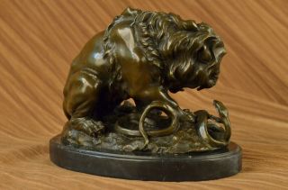 Bronze Lion and Snake Sculpture on a solid marble base Art Ornament BARYE Figure 5