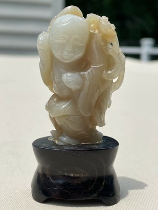 Beautifully Carved Antique Chinese Jade Statue Of Boy On Stand