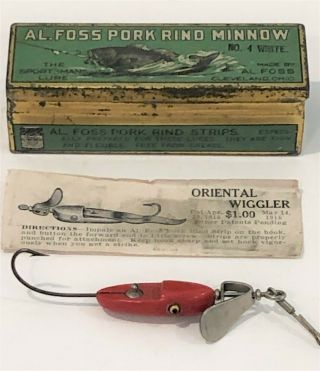 Vintage Al Foss Oriental Wiggler Pork Rind Minnow Fishing Lure Tin Box & Insert