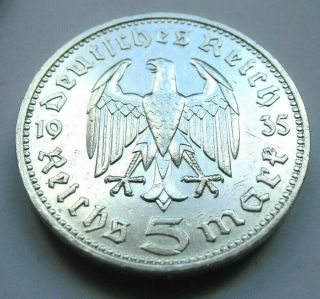 (75) Antique Wwii German 3rd Reich 1935 J 5 Reichsmark Silver Coin
