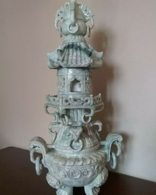 Vintage Chinese Hardstone Carved 23 " Tall Pagoda With Buddha In Tower Censer