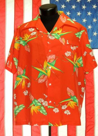 Rare Vtg Maluna Aloha Hawaii Hawaiian Long Collar Button Floral Red Print 60 