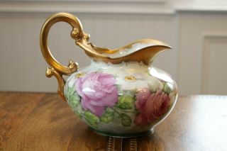 Best Antique T&v Limoges Porcelain Large Hp Pitcher Huge Pink Roses,  Lush Gilt