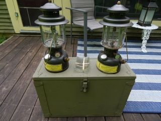 Us Army 1991 Desert Storm Pair (2) Matched Gas Camping Lanterns In Wood Box Smp