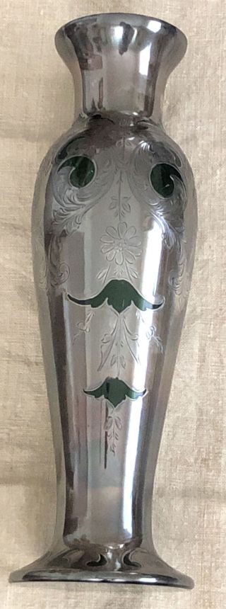 Sterling Silver Alvin ? Tall Emerald Green Glass Vase Silver Overlay Flowers
