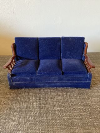 Blue Velvet Doll House Miniature Sofa Couch With Removable Cushions Furniture