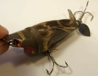 VINTAGE WEEZEL SPARROW WOODEN FISHING LURE W/FEATHERS 2