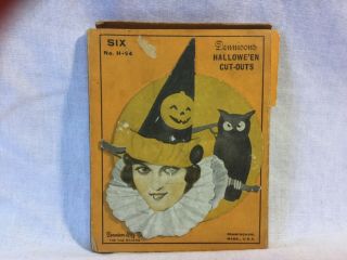 Vintage Dennison Halloween Box Set 6 Cut Outs Girl Owl Jol Hat H - 94 Antique Comp