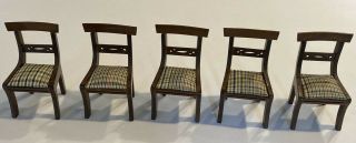 5 Vintage Shackman Dollhouse Furniture Dining Room Chairs W Plaid Cushion Mini