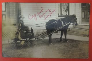 Antique Vtg Rppc Postcard - Pony Pulling Boy In Cart - Wells County - Markle Indiana