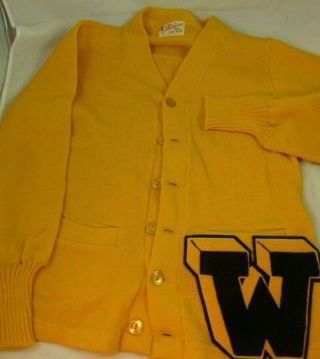 Vintage Stadium High School Or College W Letter Sweater Wool Cardigan Gold Black