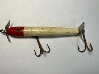 Vintage Wooden Red And White Jerk Bait With Dual Propeller Blades