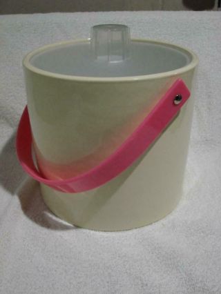 Bright Fun Vintage Usa Made Ice Bucket - Shelton - Ware - White With Pink Handle