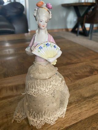 Antique German Porcelain Half Doll Pin Cushion Victorian Great Color And Details