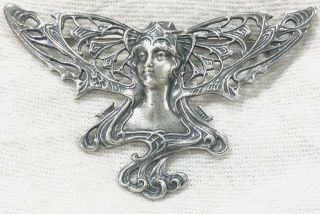Vintage Antique Sterling Silver Art Woman Face Angel Wings Open Brooch Pin