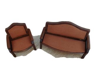 Vintage Dollhouse Miniature Wood And Cloth Sofa And Chair 1:12 Scale