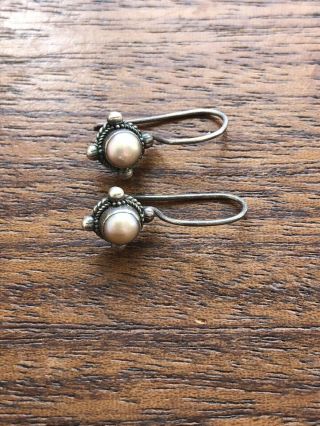 Vintage Antique Boho Silver Sterling Pearl Dangle Earrings Marked 925