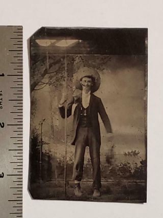 Antique Comical Cigar Smoking Fisherman Fishing Cane Pole & Fish Tintype Photo