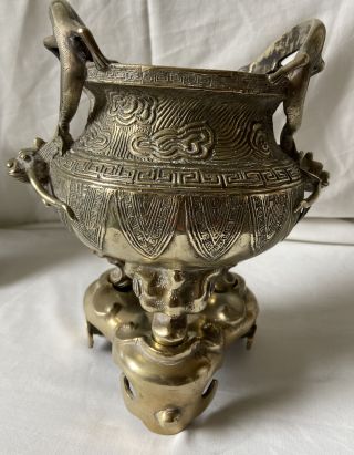 Heavy Antique Chinese Bronze Dragon Plant /incense Pot With Stand Sign