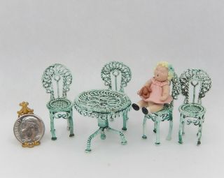 Vintage Metal Patio Table & Chairs Dollhouse Miniature 1:24