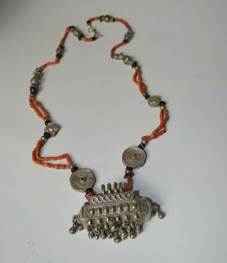 Antique Central Asian Coral And Silver Pendant Necklace Tribal Jewellery Jewelry