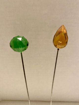 2 Antique Victorian Vintage Hatpin Faceted Amber & Green Glass 9”