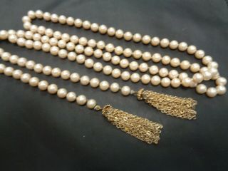 Antique 40 In Long Fx Pearl Glass Beaded Gold Tone Chain Tassel Rope Necklace