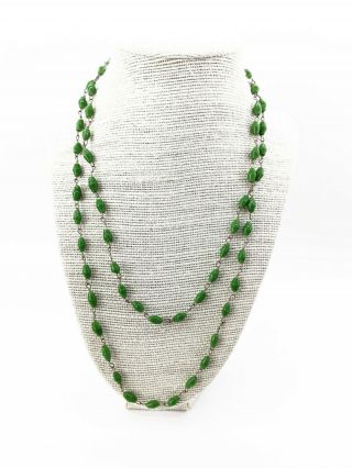 Antique Long Czech Art Glass Green Bead Art Deco Flapper Chain Necklace 39 "