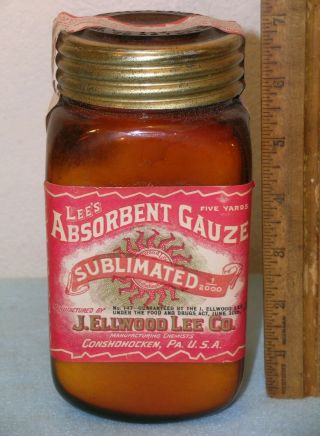 Antique J Ellwood Lee Co Large Amber Bottle W/ Absorbent Gauze Factory