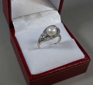 Vintage 14k White Gold Cultured Pearl And Diamond Ring