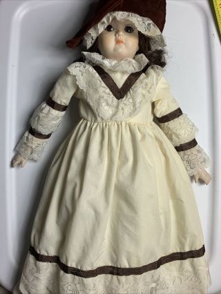 Vintage Victorian 23” Porcelain Doll With Dress And Bonnet Cloth Body