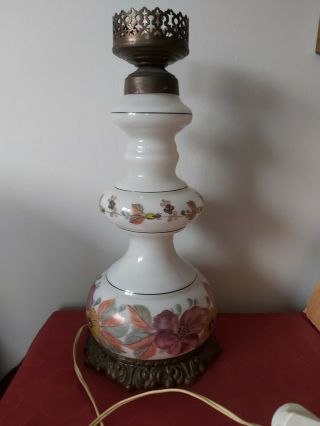Antique Opaline Glass Oil Lamp Converted To Electric Metal Base